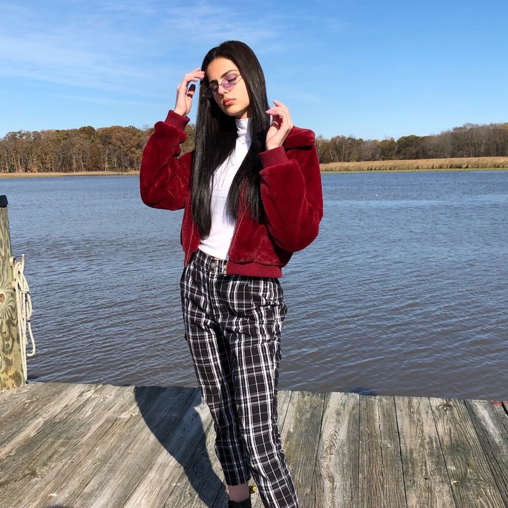 Maroon Red faux fur coat